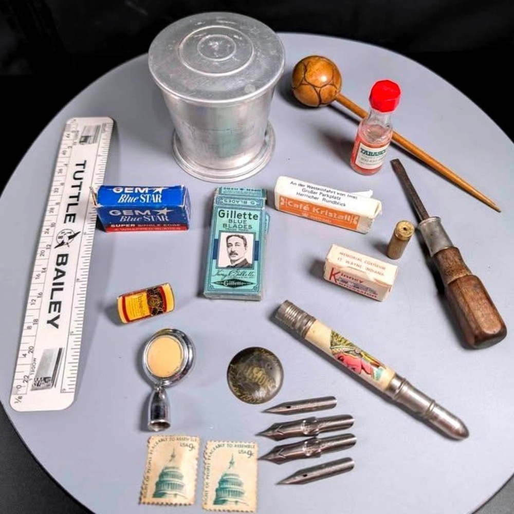 Vintage Estate Junk Drawer Lot - Gillette & GEM, Tuttle & Bailey Ruler, Etc.